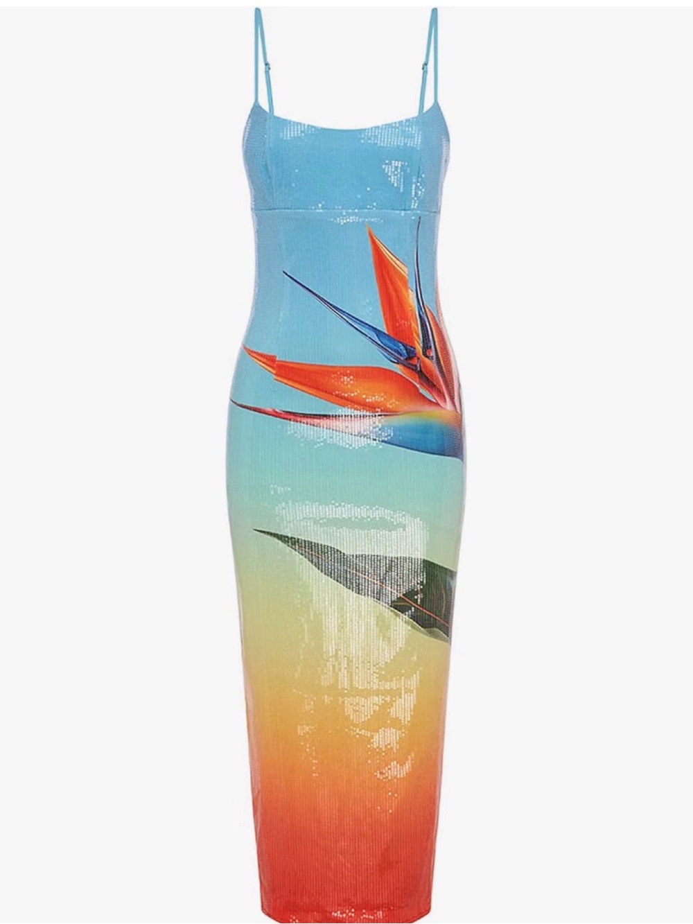 Blue Multi Tropical-Print Sequin Slip Dress